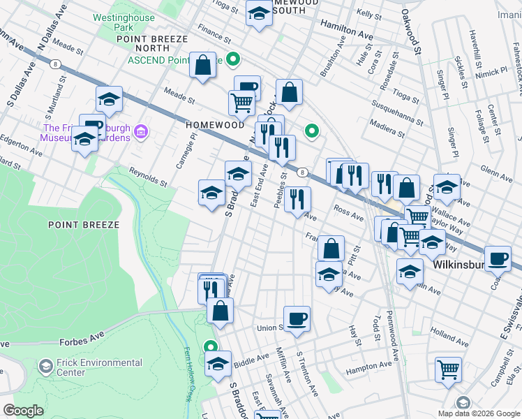map of restaurants, bars, coffee shops, grocery stores, and more near in Pittsburgh