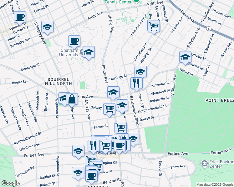 map of restaurants, bars, coffee shops, grocery stores, and more near 1348 Denniston Street in Pittsburgh