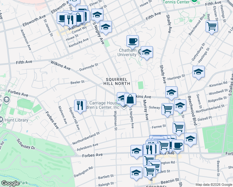 map of restaurants, bars, coffee shops, grocery stores, and more near in Pittsburgh