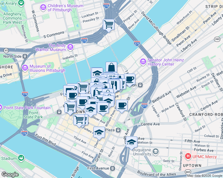 map of restaurants, bars, coffee shops, grocery stores, and more near 933 Penn Avenue in Pittsburgh