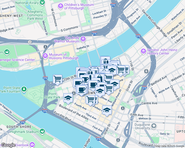 map of restaurants, bars, coffee shops, grocery stores, and more near 100 Fort Duquesne Boulevard in Pittsburgh