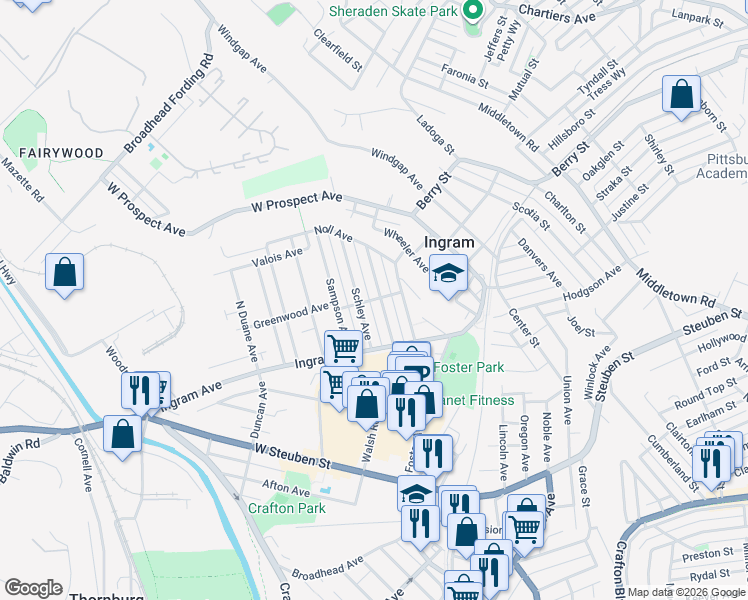 map of restaurants, bars, coffee shops, grocery stores, and more near 70 Schley Avenue in Pittsburgh
