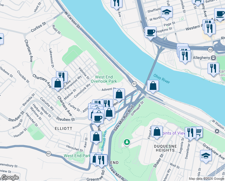 map of restaurants, bars, coffee shops, grocery stores, and more near 15 Angle Street in Pittsburgh