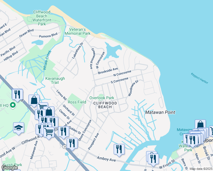 map of restaurants, bars, coffee shops, grocery stores, and more near 843 South Concourse in Keyport