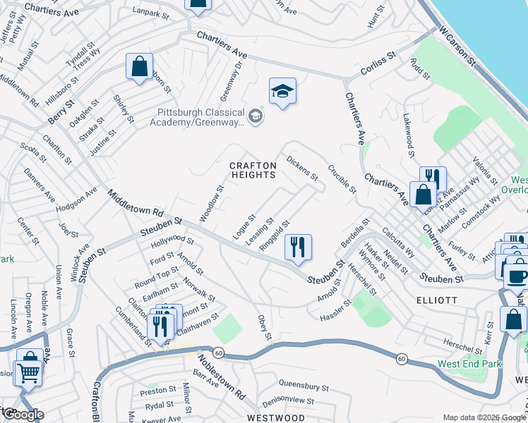 map of restaurants, bars, coffee shops, grocery stores, and more near 1000 Logue Street in Pittsburgh
