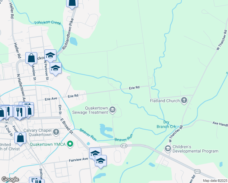 map of restaurants, bars, coffee shops, grocery stores, and more near 576 Erie Road in Quakertown