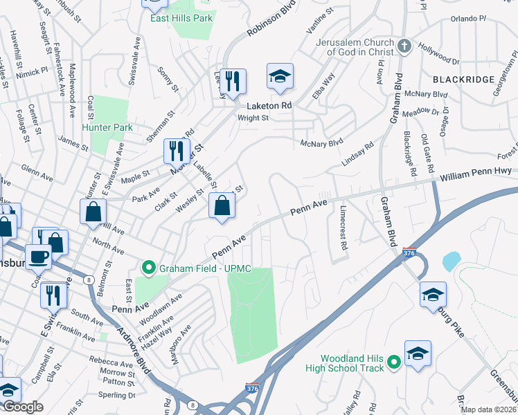 map of restaurants, bars, coffee shops, grocery stores, and more near 1717 Penn Avenue in Pittsburgh