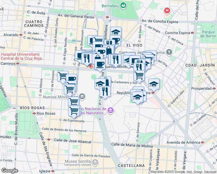map of restaurants, bars, coffee shops, grocery stores, and more near 100 Paseo de la Castellana in Madrid