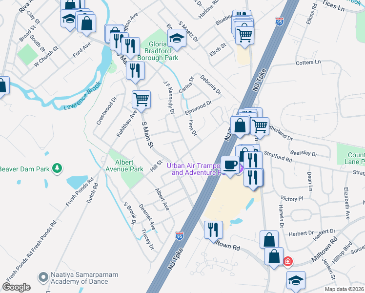 map of restaurants, bars, coffee shops, grocery stores, and more near 77-75 J F Kennedy Drive in Milltown