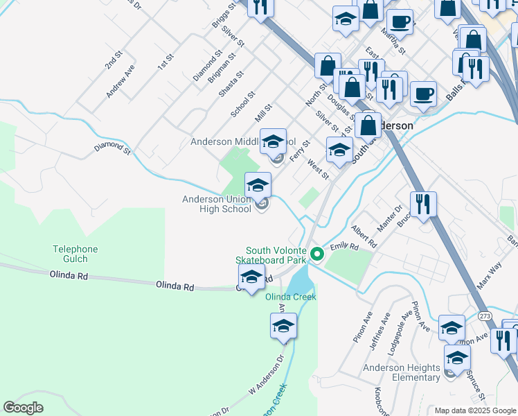 map of restaurants, bars, coffee shops, grocery stores, and more near 1471 Ferry Street in Anderson