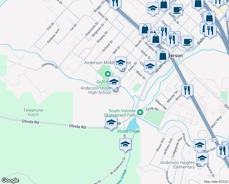 map of restaurants, bars, coffee shops, grocery stores, and more near 1471 Ferry Street in Anderson
