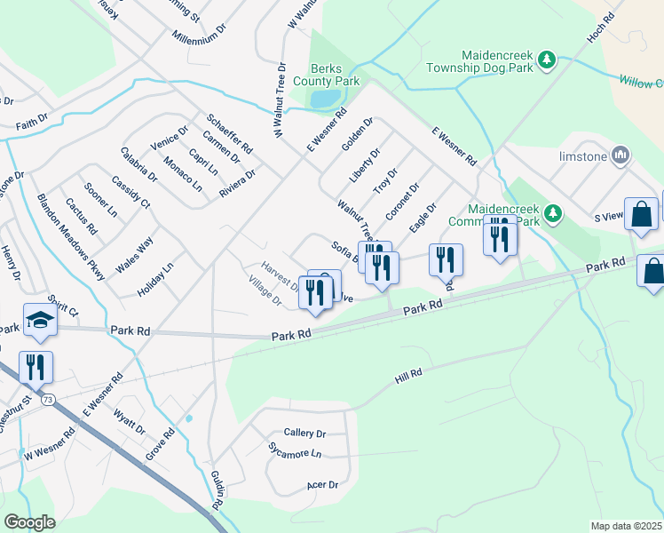 map of restaurants, bars, coffee shops, grocery stores, and more near 108 Lidia Lane in Blandon
