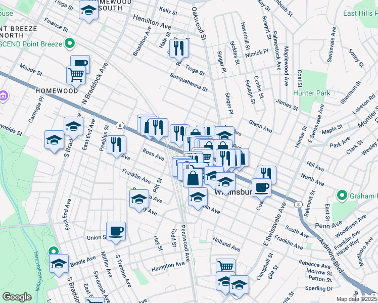 map of restaurants, bars, coffee shops, grocery stores, and more near 1026 Hay Street in Pittsburgh