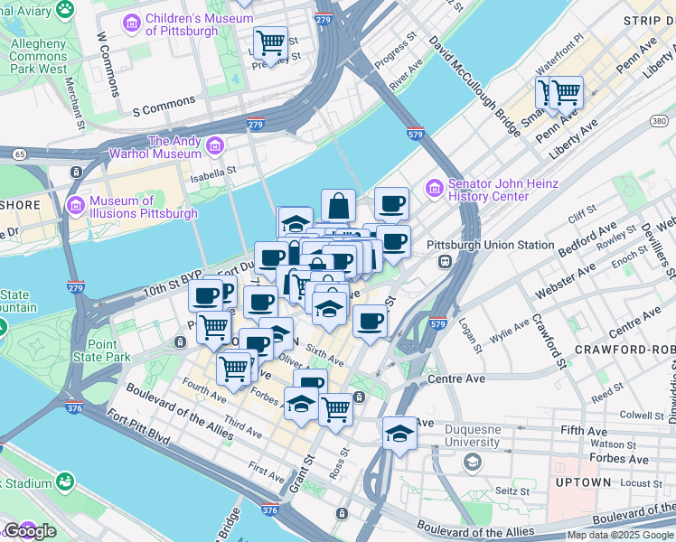 map of restaurants, bars, coffee shops, grocery stores, and more near 933 Penn Avenue in Pittsburgh