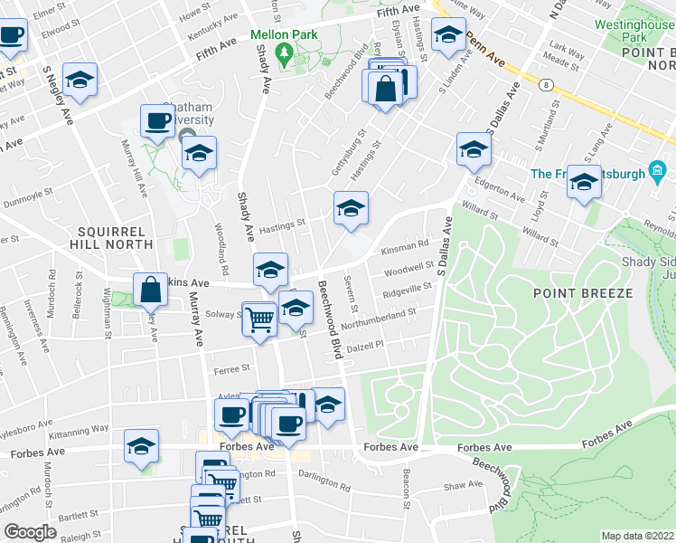 map of restaurants, bars, coffee shops, grocery stores, and more near 6518 Wilkins Avenue in Pittsburgh