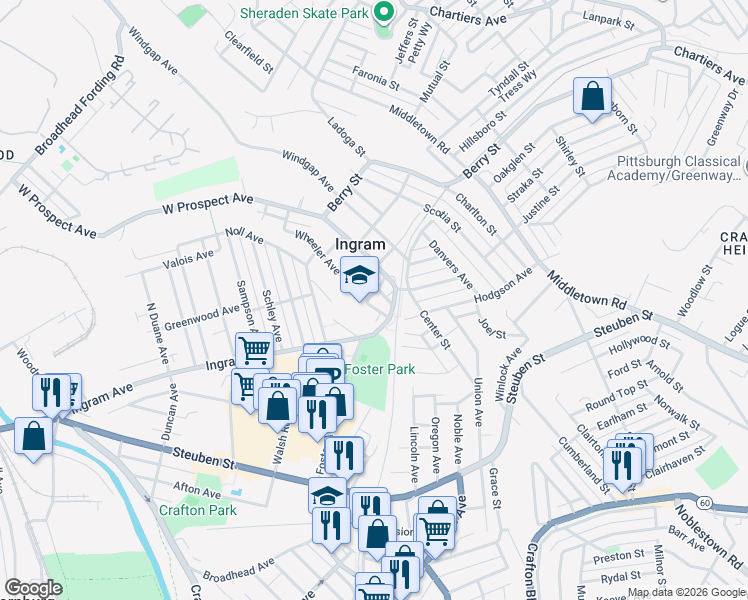 map of restaurants, bars, coffee shops, grocery stores, and more near 25 Vancouver Avenue in Pittsburgh