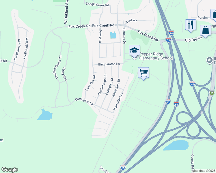 map of restaurants, bars, coffee shops, grocery stores, and more near 2808 Scarborough Street in Bloomington