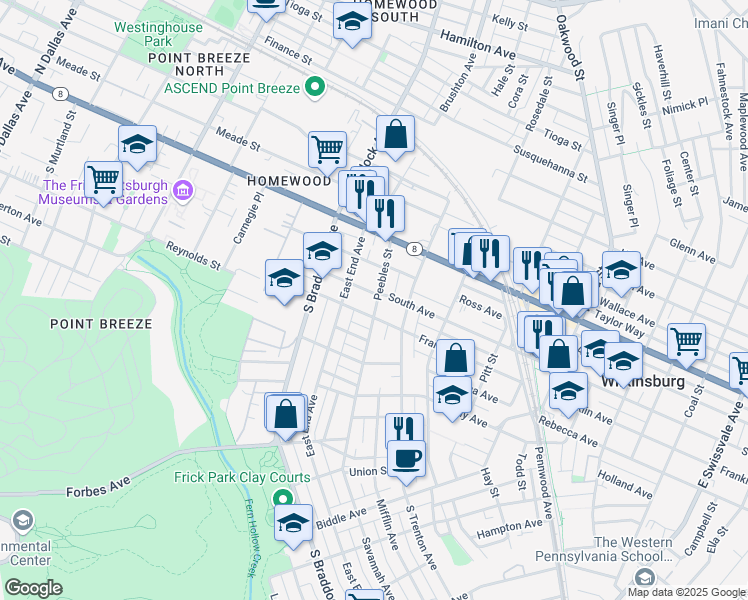 map of restaurants, bars, coffee shops, grocery stores, and more near 7726 Brashear Street in Pittsburgh