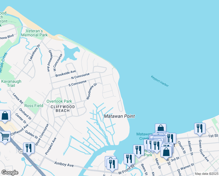 map of restaurants, bars, coffee shops, grocery stores, and more near 1132 Woodmere Drive in Keyport