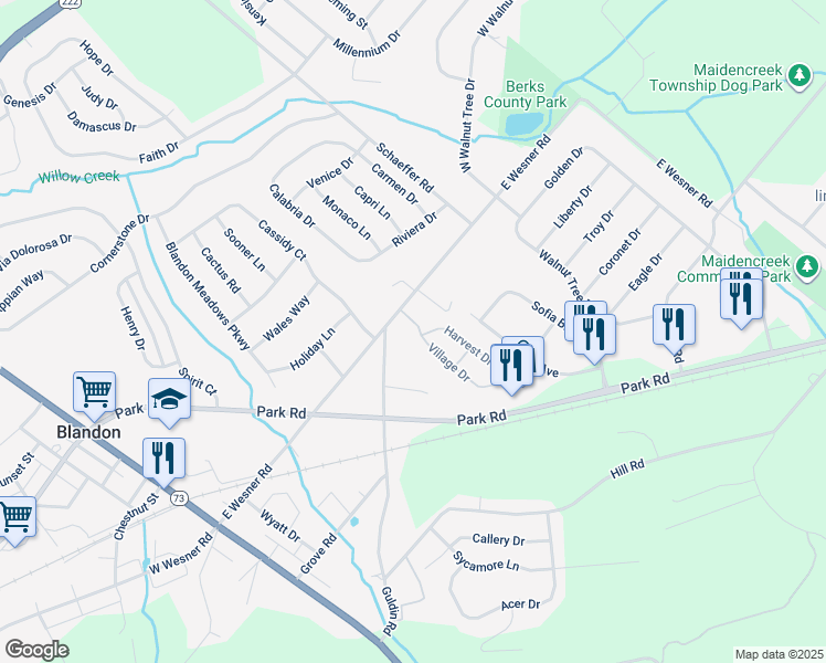 map of restaurants, bars, coffee shops, grocery stores, and more near 100 Village Drive in Blandon