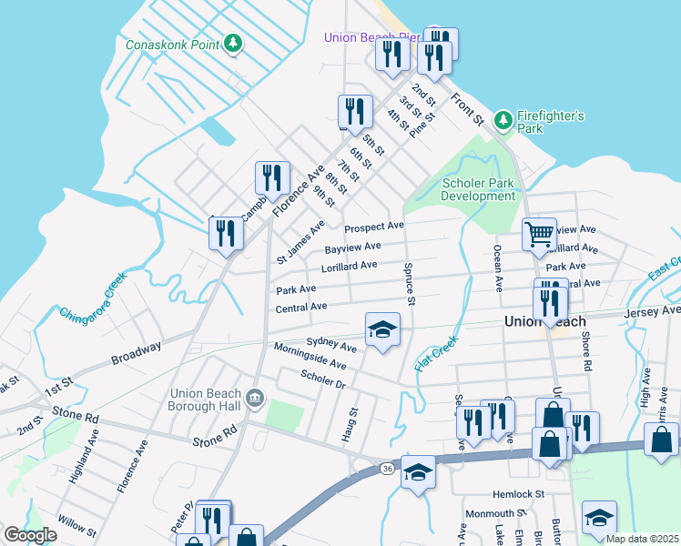 map of restaurants, bars, coffee shops, grocery stores, and more near 234 Lorillard Avenue in Union Beach