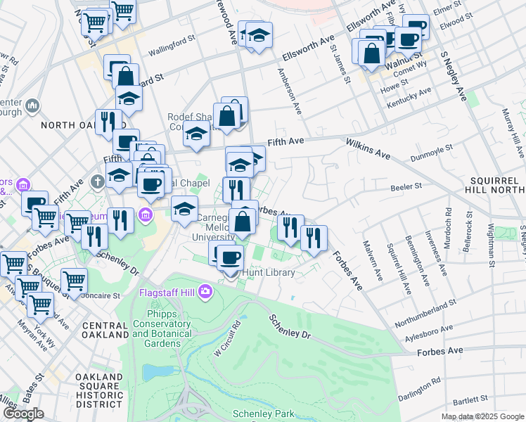 map of restaurants, bars, coffee shops, grocery stores, and more near in Pittsburgh