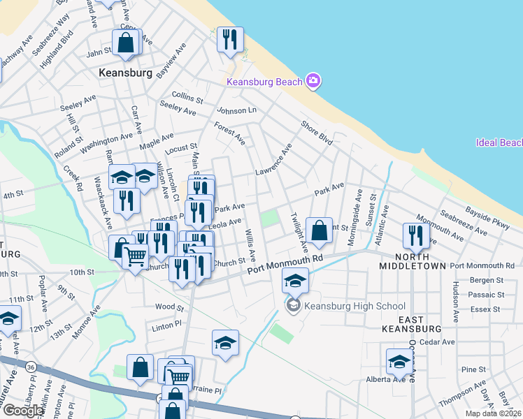 map of restaurants, bars, coffee shops, grocery stores, and more near 79 Park Avenue in Keansburg