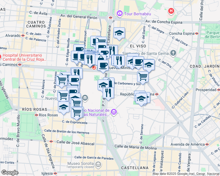 map of restaurants, bars, coffee shops, grocery stores, and more near 100 Paseo de la Castellana in Madrid