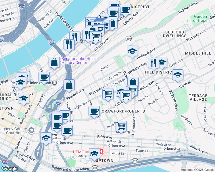map of restaurants, bars, coffee shops, grocery stores, and more near 1800 Webster Avenue in Pittsburgh