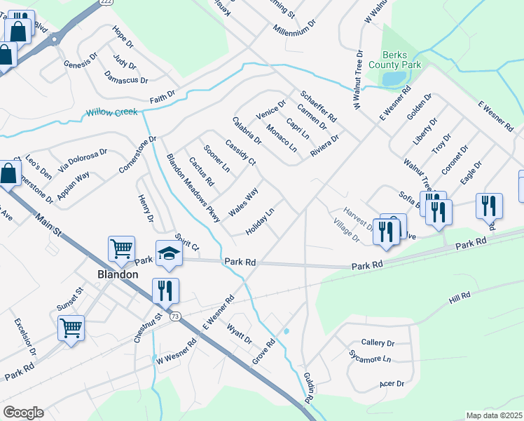 map of restaurants, bars, coffee shops, grocery stores, and more near 236 Holiday Lane in Blandon