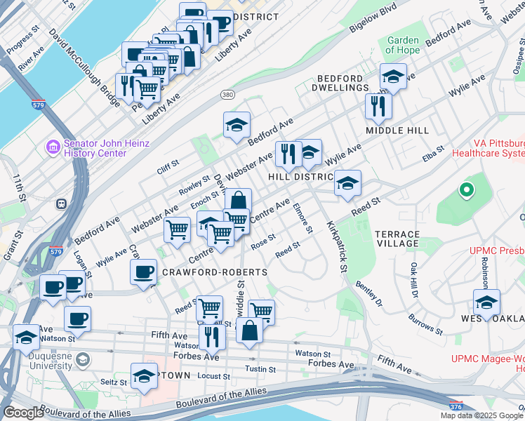 map of restaurants, bars, coffee shops, grocery stores, and more near 2033 Centre Avenue in Pittsburgh