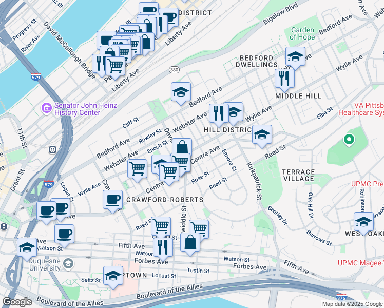 map of restaurants, bars, coffee shops, grocery stores, and more near 2016 Wylie Avenue in Pittsburgh