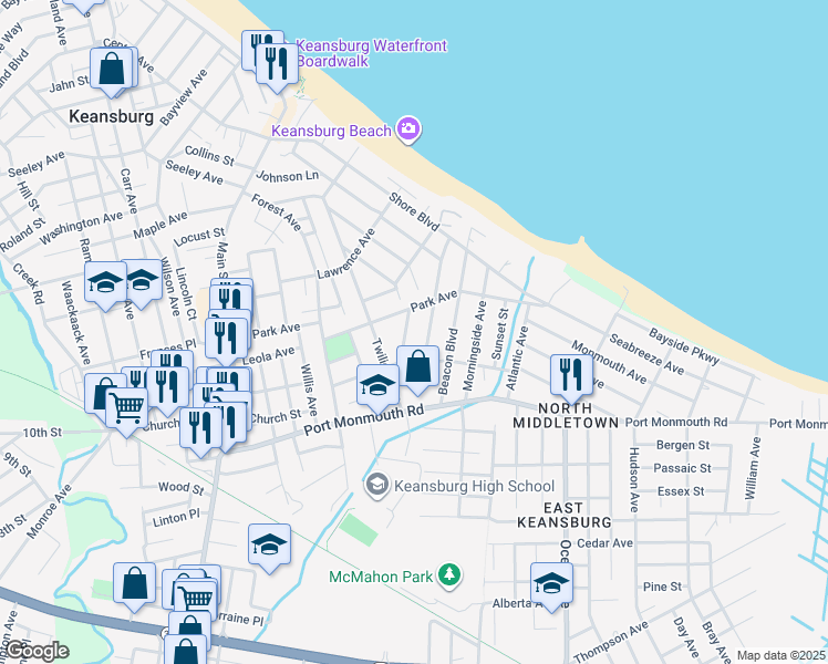 map of restaurants, bars, coffee shops, grocery stores, and more near 14 Cottage Place in Keansburg