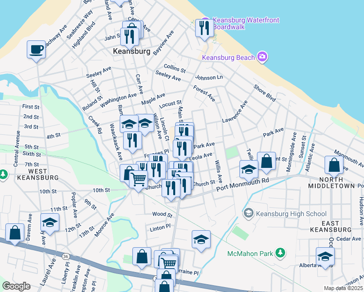 map of restaurants, bars, coffee shops, grocery stores, and more near 213 Main Street in Keansburg