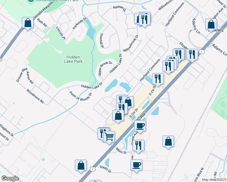 map of restaurants, bars, coffee shops, grocery stores, and more near 305 Wimbeldon Court in North Brunswick Township