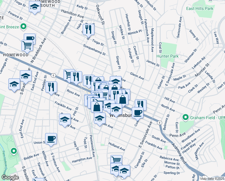 map of restaurants, bars, coffee shops, grocery stores, and more near 1100 Wood Street in Pittsburgh