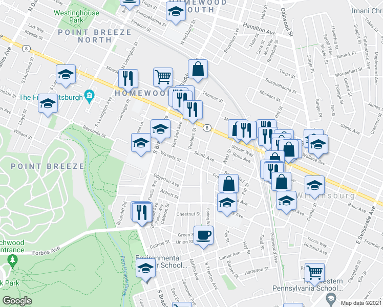 map of restaurants, bars, coffee shops, grocery stores, and more near 303 Peebles Street in Pittsburgh