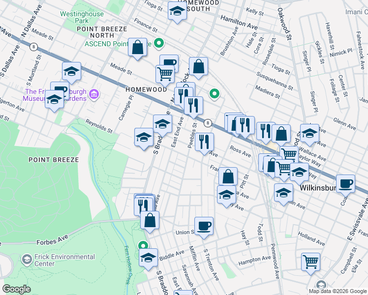 map of restaurants, bars, coffee shops, grocery stores, and more near in Pittsburgh