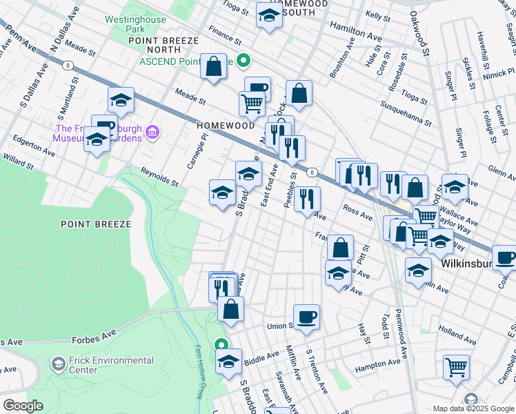 map of restaurants, bars, coffee shops, grocery stores, and more near 311 East End Avenue in Pittsburgh