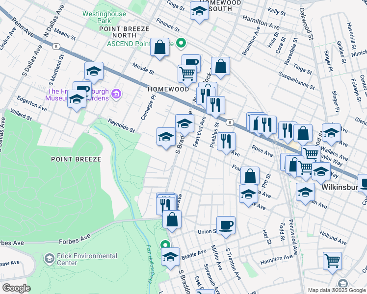 map of restaurants, bars, coffee shops, grocery stores, and more near 401 South Braddock Avenue in Pittsburgh