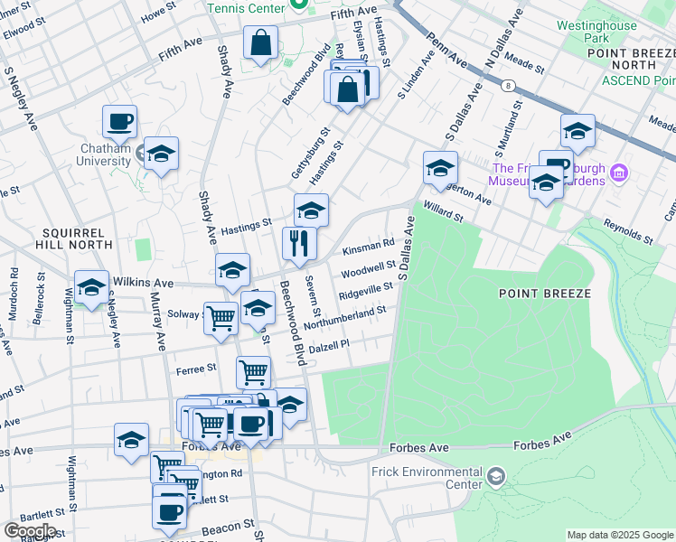 map of restaurants, bars, coffee shops, grocery stores, and more near 6601 Woodwell Street in Pittsburgh