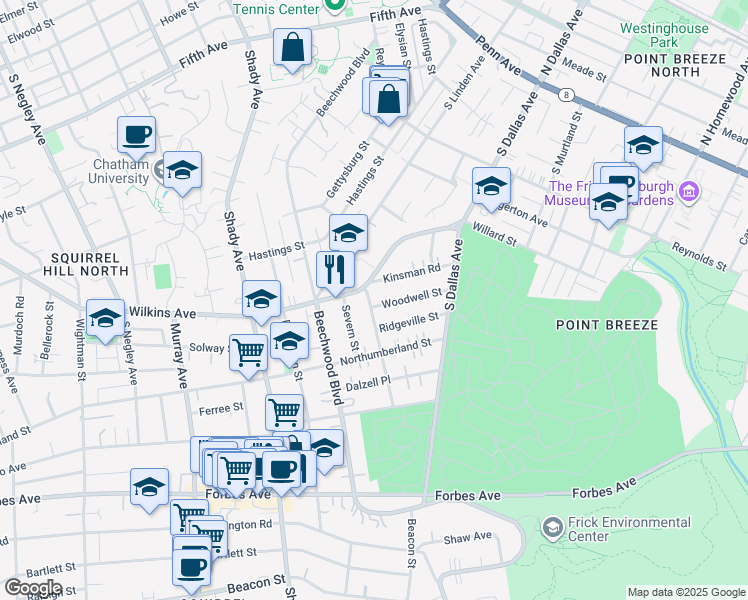 map of restaurants, bars, coffee shops, grocery stores, and more near 6601 Woodwell Street in Pittsburgh