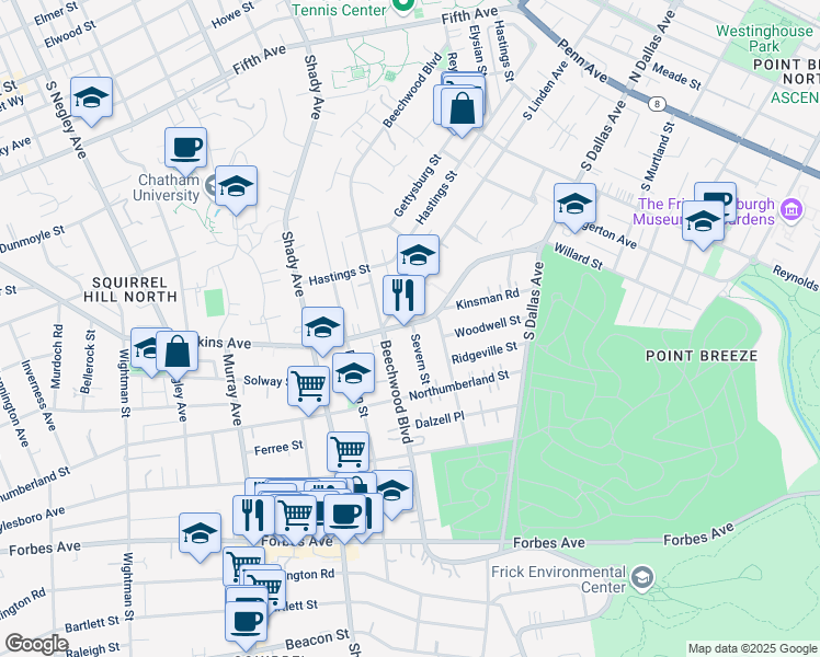 map of restaurants, bars, coffee shops, grocery stores, and more near 6518 Wilkins Avenue in Pittsburgh