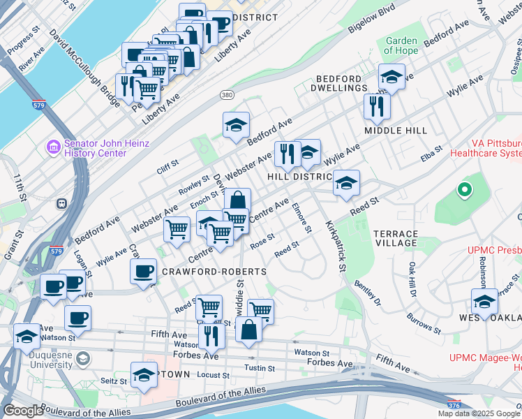 map of restaurants, bars, coffee shops, grocery stores, and more near 2033 Centre Avenue in Pittsburgh
