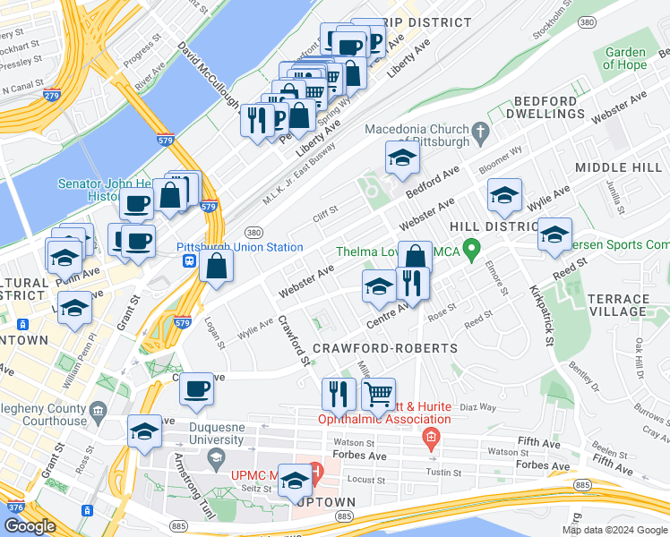 map of restaurants, bars, coffee shops, grocery stores, and more near 1800 Webster Avenue in Pittsburgh