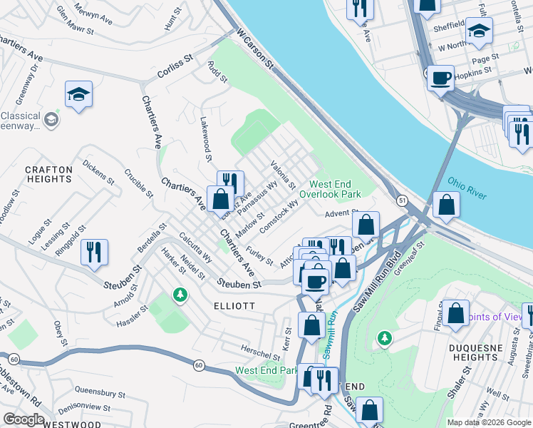 map of restaurants, bars, coffee shops, grocery stores, and more near 400 Marlow Street in Pittsburgh