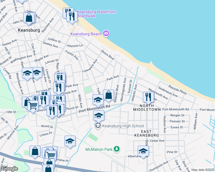 map of restaurants, bars, coffee shops, grocery stores, and more near 14 Cottage Place in Keansburg