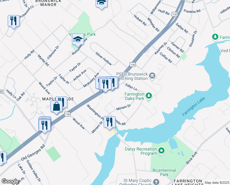 map of restaurants, bars, coffee shops, grocery stores, and more near 1592 U.S. 130 in North Brunswick Township
