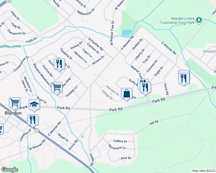 map of restaurants, bars, coffee shops, grocery stores, and more near 517 Harvest Drive in Blandon