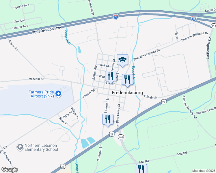 map of restaurants, bars, coffee shops, grocery stores, and more near 102 West Main Street in Fredericksburg